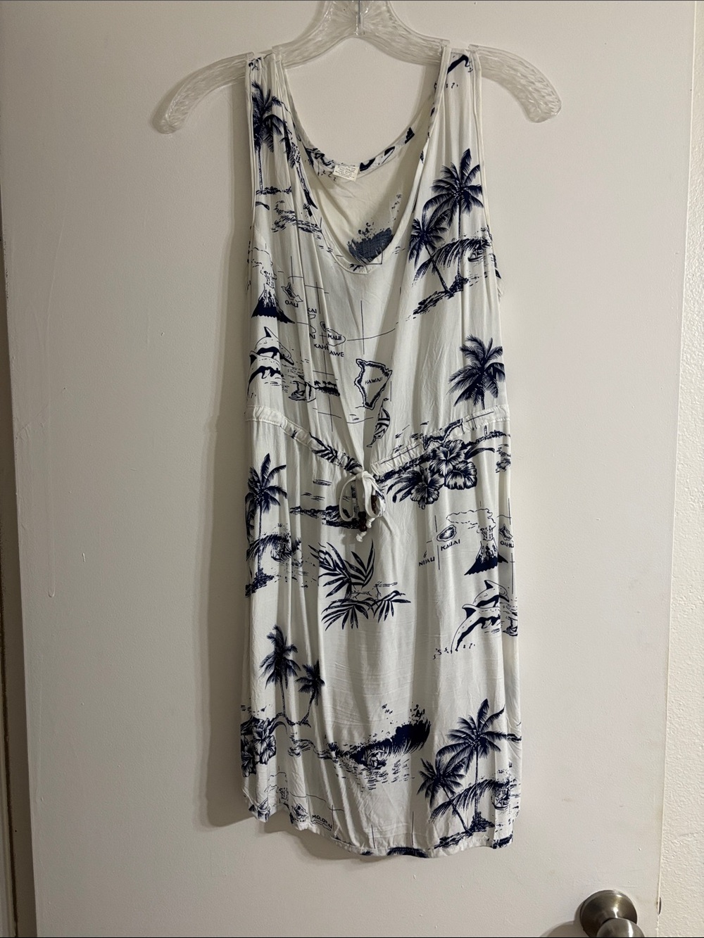 Women’s Hawaii Tropical Print Drawstring Tank Dress - White/Navy